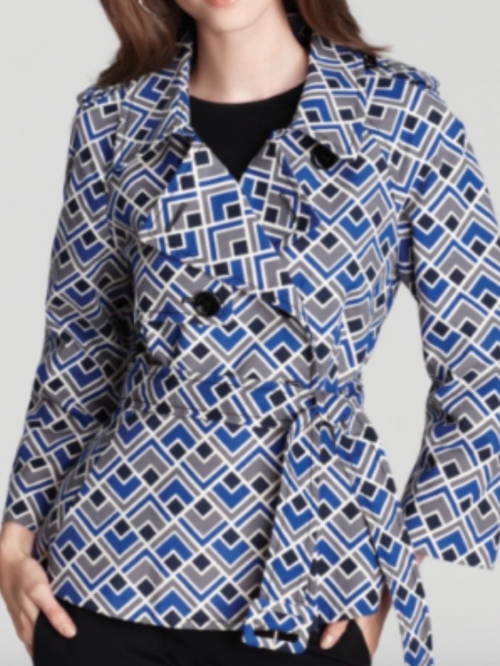 Kate Spade Lettie Trench Coat Geometric-Print Blue & Gray Women’s Belted Coat